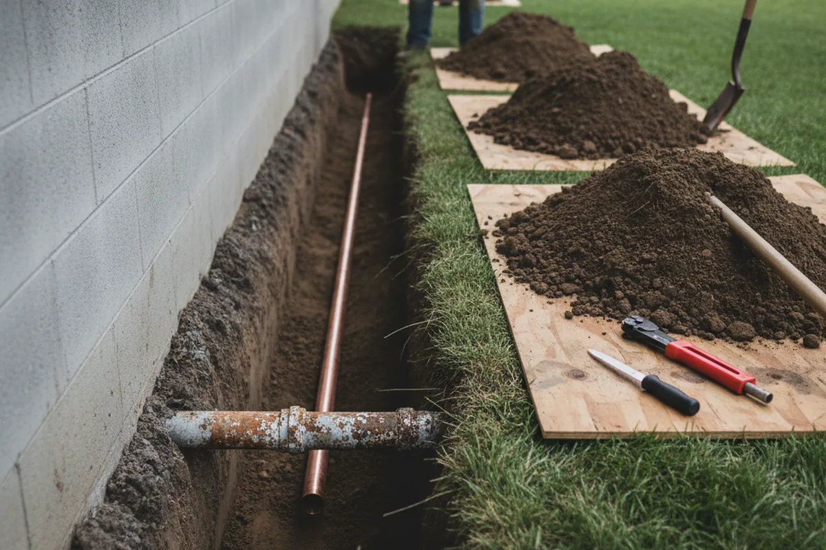 Excavated water line trench during Water Softener Installation in Elbing
